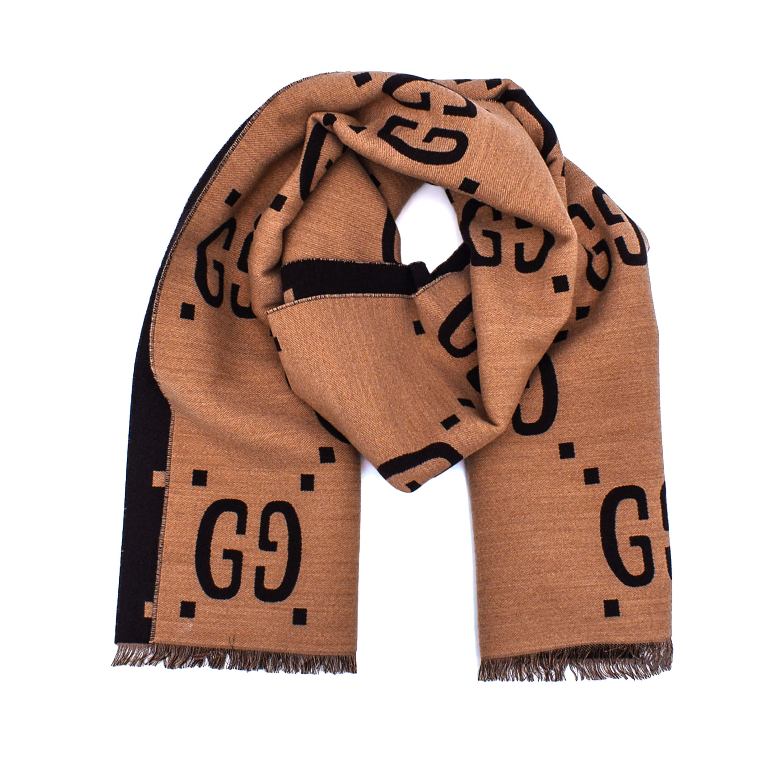 Gucci - Brown & Beige GG Jacquard Wool Silk Scarf